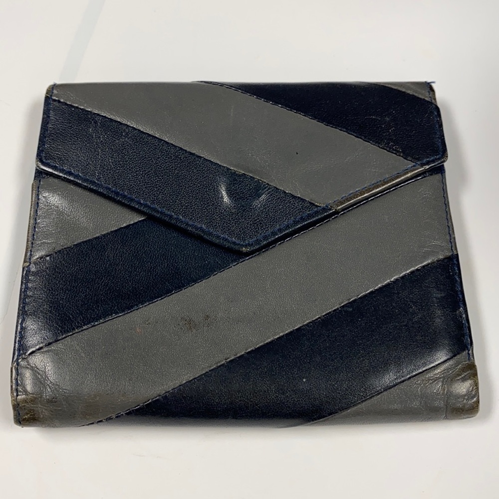 Lodis Black Gray Leather Tri Fold Snap Wallet